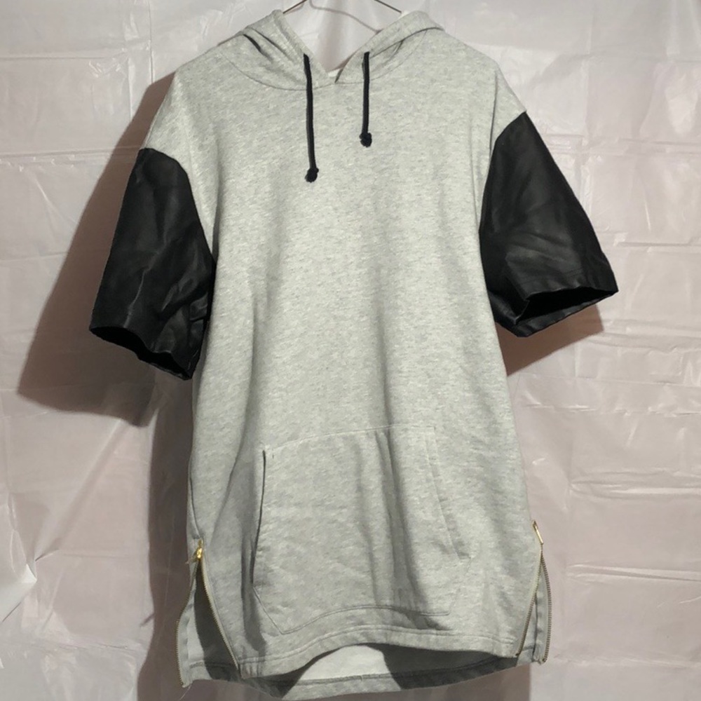 Mens Leather Short Sleeve Hoodie with Side Zippers